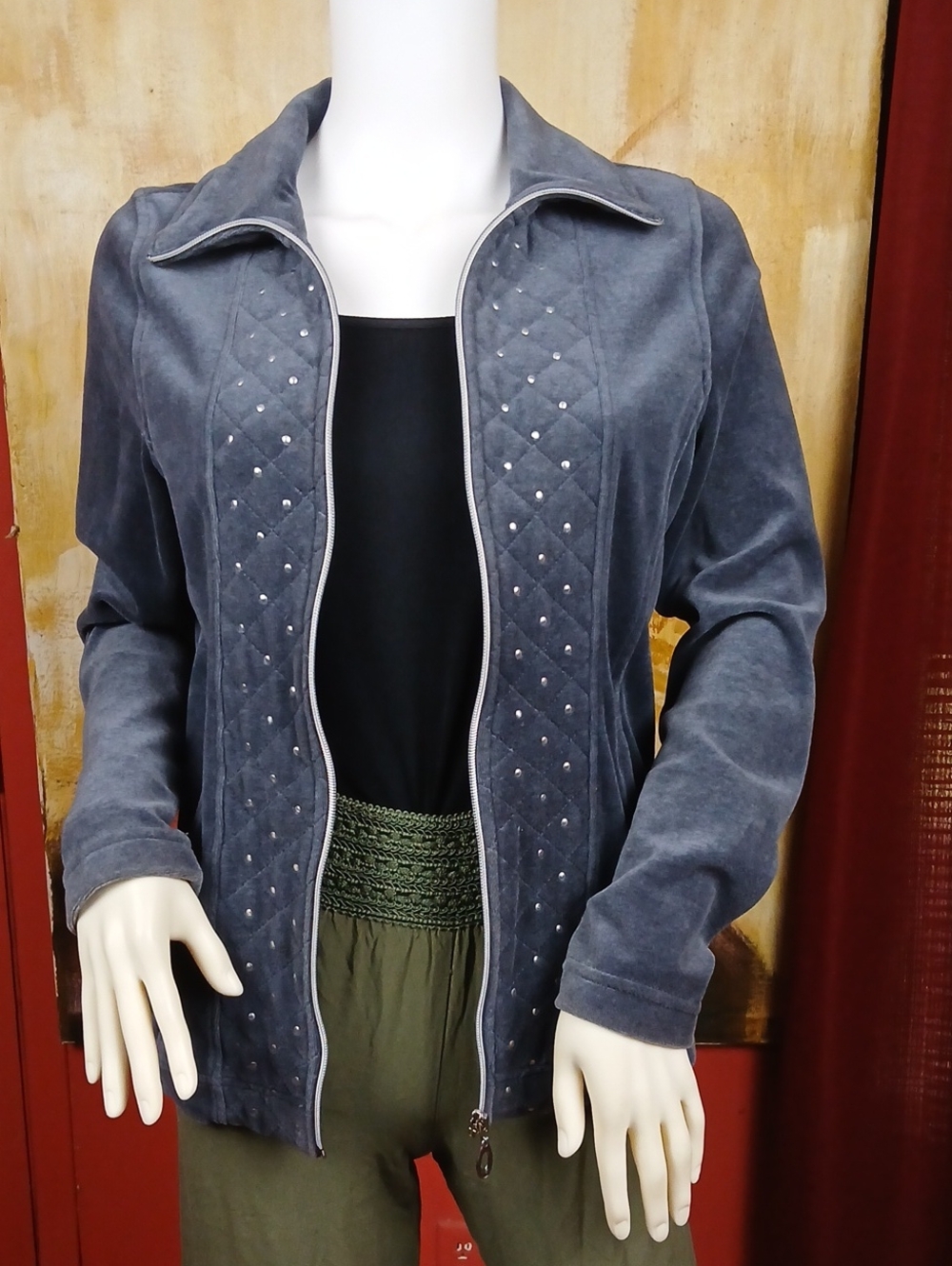 Activology Women's Gray Velour Studded Quilted Zip Up Jacket Size M